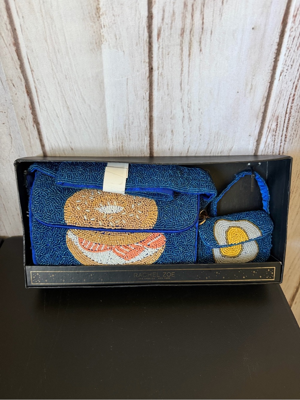 Viral Rachel Zoe Bagel Beaded Bag Royal Blue Clutch and Egg Coin Purse Set NWT